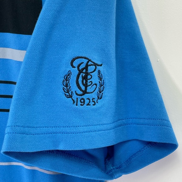 Travis Matthew Mens Sz Large Blue Striped Golf Performance Polo Shirt (D4) - Picture 2 of 5